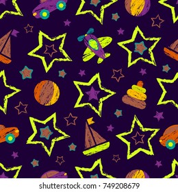 Abstract seamless pattern for girls, boys, clothes. Creative vector background with ball, geometric figures, stars, cars, aircraft.Funny wallpaper for textile and fabric.Fashion style.Colorful bright.