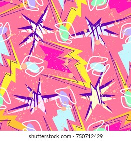 Abstract seamless pattern for girls, boys, clothes. Creative background with dots, geometric figures,stripes inscriptions. Funny wallpaper for textile and fabric. Fashion style. Colorful bright.