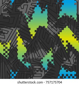 Abstract seamless pattern for girls, boys, clothes. Creative background with dots, geometric figures,stripes inscriptions. Funny wallpaper for textile and fabric. Fashion style. Colorful bright.