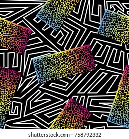 Abstract seamless pattern for girls, boys, clothes. Creative background with dots, geometric figures,stripes inscriptions. Funny wallpaper for textile and fabric. Fashion style. Colorful bright.