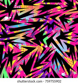 Abstract seamless pattern for girls, boys, clothes. Creative background with dots, geometric figures,stripes inscriptions. Funny wallpaper for textile and fabric. Fashion style. Colorful bright.