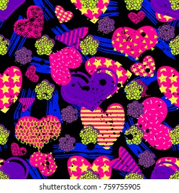 Abstract seamless pattern for girls, boys, clothes. Creative background with dots, geometric figures,stripes inscriptions. Funny wallpaper for textile and fabric. Fashion style. Colorful bright.