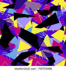 Abstract seamless pattern for girls, boys, clothes. Creative background with dots, geometric figures,stripes inscriptions. Funny wallpaper for textile and fabric. Fashion style. Colorful bright.