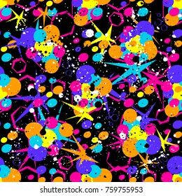 Abstract seamless pattern for girls, boys, clothes. Creative background with dots, geometric figures,stripes inscriptions. Funny wallpaper for textile and fabric. Fashion style. Colorful bright.