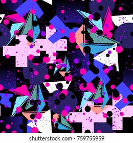 Abstract seamless pattern for girls, boys, clothes. Creative background with dots, geometric figures,stripes inscriptions. Funny wallpaper for textile and fabric. Fashion style. Colorful bright.