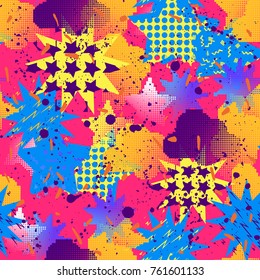 Abstract seamless pattern for girls, boys, clothes. Creative background with dots, geometric figures,stripes inscriptions. Funny wallpaper for textile and fabric. Fashion style. Colorful bright.