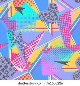 Abstract seamless pattern for girls, boys, clothes. Creative background with dots, geometric figures,stripes inscriptions. Funny wallpaper for textile and fabric. Fashion style. Colorful bright