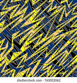 Abstract seamless pattern for girls and boys. Textured grunge urban wallpaper in yellow, black and white colors with geometric line, triangles, ink, shape dots elements. Background for sport clothes.