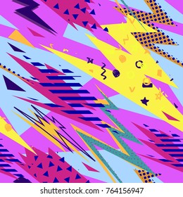 Abstract seamless pattern for girls, boys, clothes. Creative background with dots, geometric figures,stripes inscriptions. Funny wallpaper for textile and fabric. Fashion style. Colorful bright