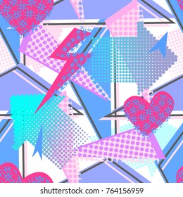 Abstract seamless pattern for girls, boys, clothes. Creative background with dots, geometric figures,stripes inscriptions. Funny wallpaper for textile and fabric. Fashion style. Colorful bright
