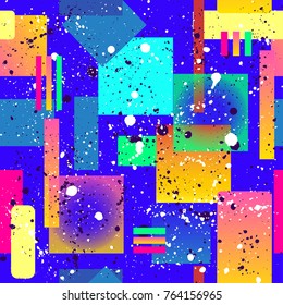 Abstract seamless pattern for girls, boys, clothes. Creative background with dots, geometric figures,stripes inscriptions. Funny wallpaper for textile and fabric. Fashion style. Colorful bright