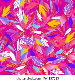 Abstract seamless pattern for girls, boys, clothes. Creative background with leaves . Funny wallpaper for textile and fabric. Fashion style. Colorful bright