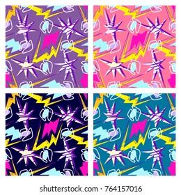 Abstract seamless pattern for girls, boys, clothes. Creative background with dots, geometric figures,stripes inscriptions. Funny wallpaper for textile and fabric. Fashion style. Colorful bright