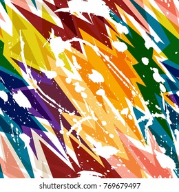 Abstract seamless pattern for girls, boys, clothes. Creative background with dots, geometric figures, stripes inscriptions. Funny wallpaper for textile and fabric. Fashion style. Colorful bright.
