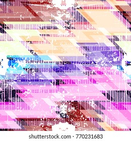 Abstract seamless pattern for girls, boys, clothes. Creative background with dots, geometric figures, stripes inscriptions. Funny wallpaper for textile and fabric. Fashion style. Colorful bright.