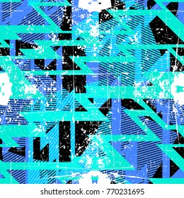 Abstract seamless pattern for girls, boys, clothes. Creative background with dots, geometric figures, stripes inscriptions. Funny wallpaper for textile and fabric. Fashion style. Colorful bright.