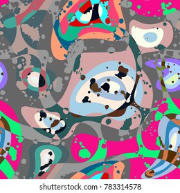 Abstract seamless pattern for girls, boys, clothes. Creative vector background with dots, geometric figures, inscriptions. Pattern with waves and drips of paint colorful