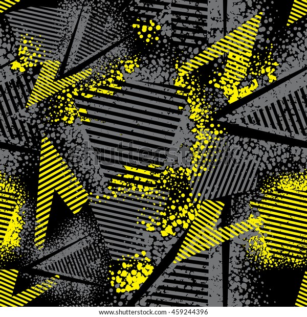 女の子や男の子にとっての抽象的なシームレスなパターン テクスチャーのあるグランジ都市の暗い壁紙 黒と黄色 幾何学的な線 三角形 形状のドットエレメントを含みます スポーツ用の服の背景 のベクター画像素材 ロイヤリティフリー