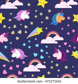 Abstract seamless pattern for girls, boys.Creative vector background with unicorn, hearts.Funny wallpaper for textile and fabric.Fashion style.Colorful bright picture for children.Pink, yellow, blue