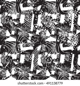 abstract seamless pattern for girls, boys,sport,fashion clothes. grunge urban repeated background with silhouette shape dots, ink.  creative modern wallpaper for guys in black and white colors