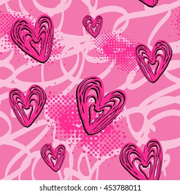 Abstract seamless pattern for girls. Chaotic grunge background in pink and colors with hand drawn hearts. Creative modern girlish wallpaper for fashion, children, women clothes. Tender childish design