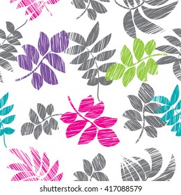 Abstract seamless pattern for girls, clothes, dress, backpacks and other. Leaf silhouette wallpaper. White background with drawing leaf in grey, pink, green colors. Creative design.Tender colors