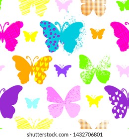 Abstract seamless pattern for girls with colorful butterfly. Fashion illustration in modern style. Bright girlish print