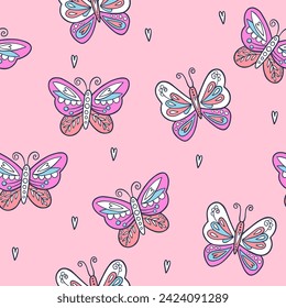 Resumen de un patrón impecable para niñas con mariposa colorida. Ilustración de moda de estilo moderno. Impresión giratoria con mariposa brillante