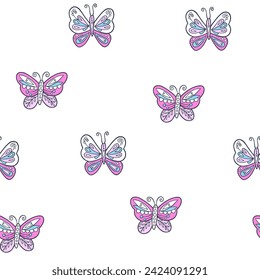 Abstract seamless pattern for girls with colorful butterfly. Fashion illustration in modern style. Girlish print with bright butterfly