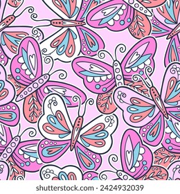 Abstract seamless pattern for girls with colorful butterfly. Fashion illustration in modern style. Girlish print with bright butterfly