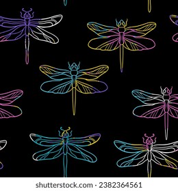 Abstract seamless pattern for girls with colourful  bright dragonfly. Fashion illustration in modern style. Girlish print on black background