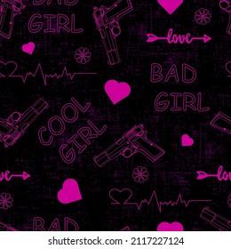 abstract seamless pattern for girls. Cool print with hearts, gun, text and geometric elements