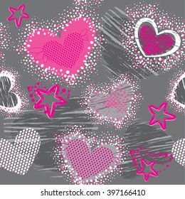 Abstract seamless pattern for girls. Creative vector background with hearts, dots, lines, stars in pink, grey and white colors. Funny wallpaper for textile and fabric. Fashion style. 