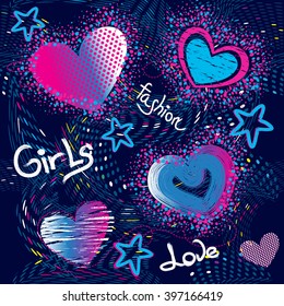 Abstract seamless pattern for girls. Creative vector background with hearts, dots, waves, stars in pink, blue and white colors. Funny wallpaper for textile and fabric. Fashion style. 