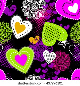 Abstract seamless pattern for girls. Creative vector background with hearts, dots, waves, flowers in pink, blue and white colors. Funny wallpaper for textile and fabric. Fashion style.t-shirt