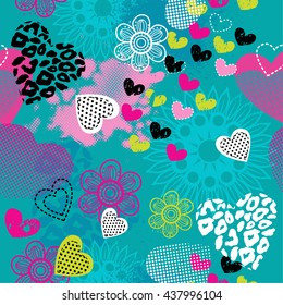 Abstract seamless pattern for girls. Creative vector background with hearts, dots, waves, flowers in pink, blue and white colors. Funny wallpaper for textile and fabric. Fashion style.t-shirt