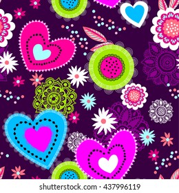 Abstract seamless pattern for girls. Creative vector background with hearts, dots, waves, flowers in pink, blue and white colors. Funny wallpaper for textile and fabric. Fashion style.t-shirt