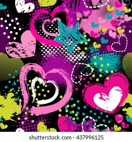 Abstract seamless pattern for girls. Creative vector background with hearts, dots, waves, stars in pink, blue and white colors. Funny wallpaper for textile and fabric. Fashion style.t-shirt