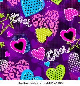 Abstract seamless pattern for girls. Creative vector background with hearts, dots, waves in pink, blue and white colors. Funny wallpaper for textile and fabric. Fashion style