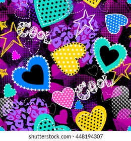 Abstract seamless pattern for girls. Creative vector background with hearts, dots, waves in pink, blue and white colors. Funny wallpaper for textile and fabric. Fashion style