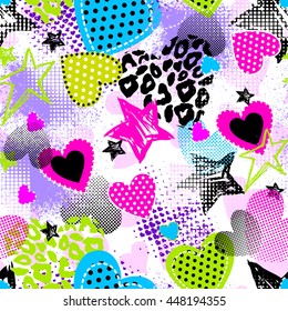 Abstract seamless pattern for girls. Creative vector background with hearts, dots, waves in pink, blue and white colors. Funny wallpaper for textile and fabric. Fashion style