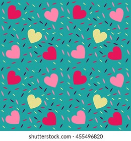 Abstract seamless pattern for girls. Creative vector background with hearts. Funny wallpaper for textile and fabric. Fashion style. Colorful bright picture for children.