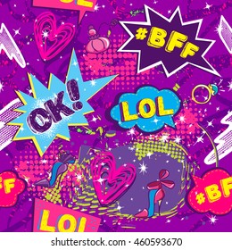 Abstract seamless pattern for girls. Creative colorful wallpaper with Pop art comics speech bubbles, clouds,words ok, hearts, ring, shoes, girlish fashion elements. Grunge urban background for textile