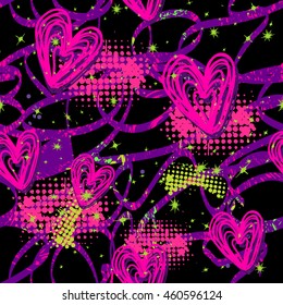 Abstract seamless pattern for girls. Creative colorful neon wallpaper with hearts, stars. Girlish fashion design in pink, purple and black colors. Grunge urban background for textile, childish clothes