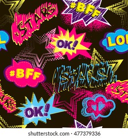 Abstract seamless pattern for girls. Creative colorful wallpaper with Pop art comics speech bubble, clouds,words stars, ok, hearts, girlish fashion elements. Best friends forevere. Childish backdrop