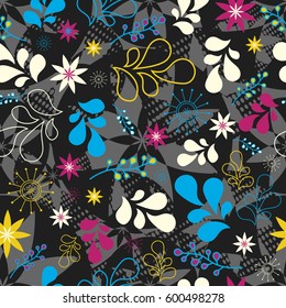 Abstract seamless pattern for girls. Creative vector background with flowers, plants, drops.Funny wallpaper for textile and fabric. Fashion style. Colorful bright picture for children.Blue, Red, white