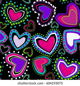Abstract seamless pattern for girls. Creative vector background with colorful hearts, geometric elements and dots. Funny wallpaper for textile and fabric. Boho style.