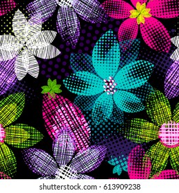 Abstract seamless pattern for girls. Creative vector background with urban elements, flowers in Bright colors. Funny grunge wallpaper for textile and fabric. Fashion style.