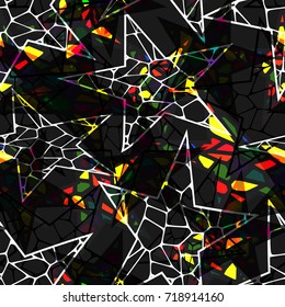 Abstract seamless pattern for girls. Creative original modern childish backdrop with stars and sequins. Neon green, pink and silver star on dark purple background. Girlish fashion chaotic wallpaper.