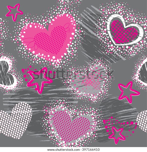 女の子のシームレスな抽象的パターン ハート ドット 線 ピンクの色の星 グレーと白の色のクリエイティブベクター画像の背景 織物や布地の面白い壁紙 ファッションスタイル のベクター画像素材 ロイヤリティフリー
